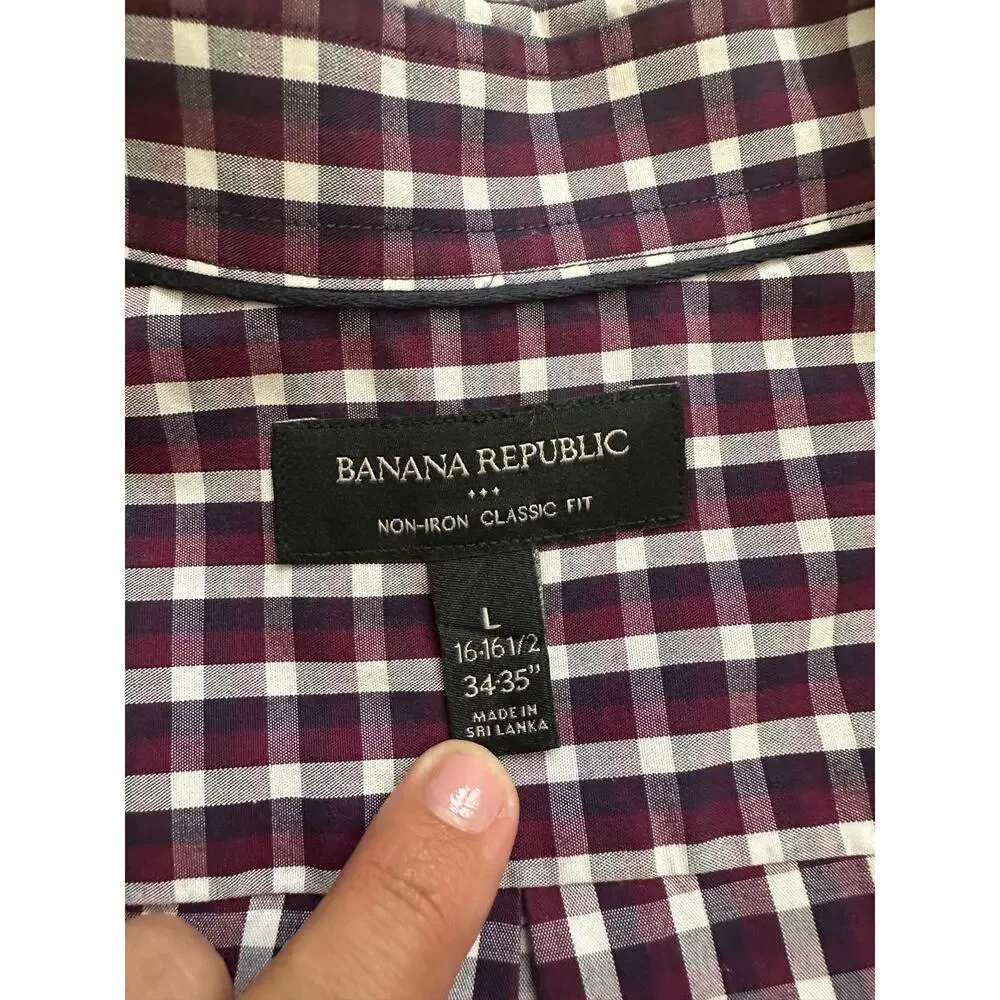 Banana Republic Non Iron Classic Fit Check Dress Shirt Burgundy Navy L 16 16.5